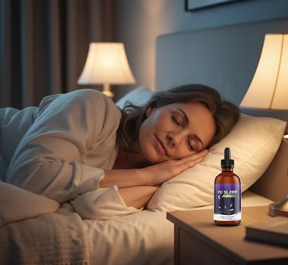 Woman sleeping peacefully with a bottle of Yu Sleep nano-enhanced sleep drops on the nightstand